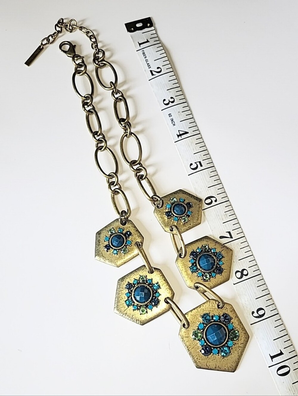 Mythologie Statement Necklace with Teal, Blue & Green Stones In Antiqued Gold - Picture 7 of 9